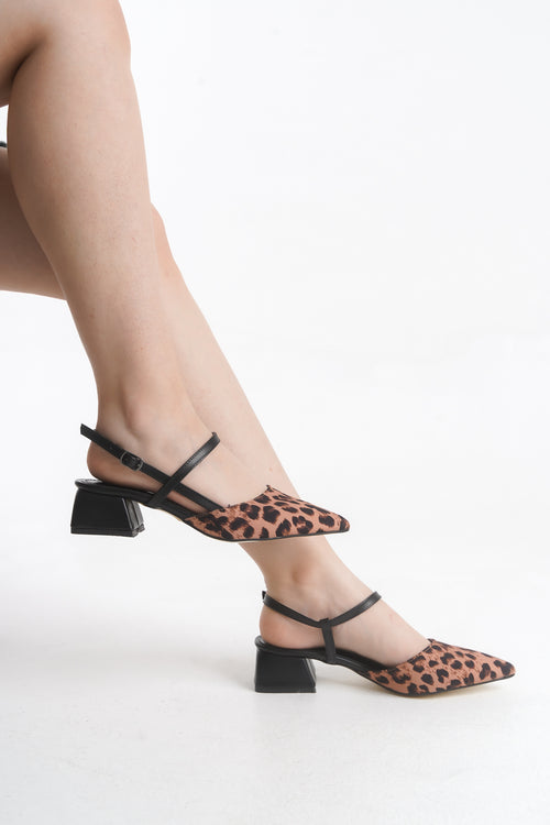 Kiremit Leopar Desenli Açık Bilek Kemerli 4 Cm Topuklu Ayakkabı